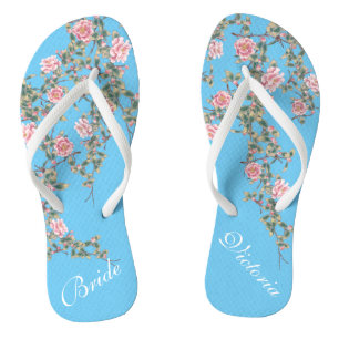 Flourishing Pink Flowers Bride Wedding Blue  Thongs