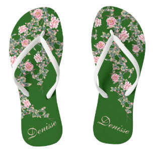 Flourishing Pink Flowers Personalised Name Green Thongs