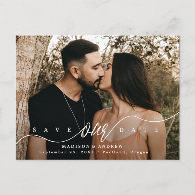 Flourishing Script Photo Save the Date Announcement Postcard (Front)