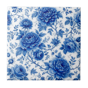 Flow Blue Blossoms Roses Peonies Cobalt Blue White Ceramic Tile