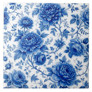 Flow Blue Blossoms Roses Peonies Cobalt Blue White Ceramic Tile