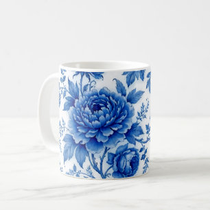 Flow Blue Blossoms Roses Peonies Cobalt Blue White Coffee Mug