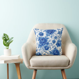 Flow Blue Blossoms Roses Peonies Cobalt Blue White Cushion