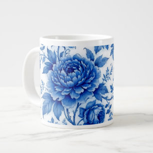 Flow Blue Blossoms Roses Peonies Cobalt Blue White Large Coffee Mug