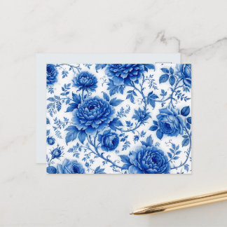 Flow Blue Blossoms Roses Peonies Cobalt Blue White Postcard