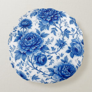 Flow Blue Blossoms Roses Peonies Cobalt Blue White Round Cushion