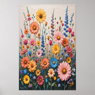 Flower 3D Texture Painting on Canvas Colourful Wil Poster