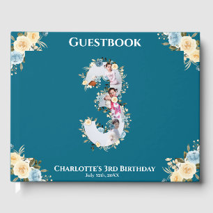 Flower 3rd Birthday Teal Photo Collage Blue Yellow Guest Book