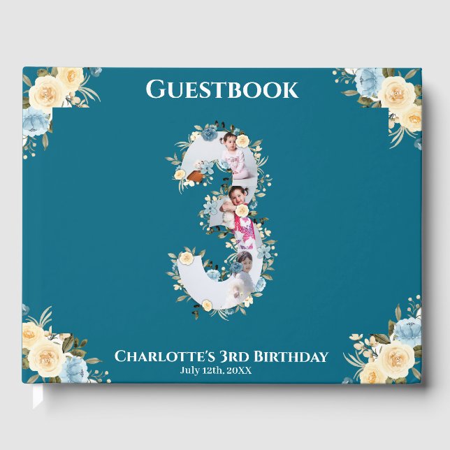 Flower 3rd Birthday Teal Photo Collage Blue Yellow Guest Book (Front)