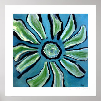 Flower Abstract blue green teal black painting Poster