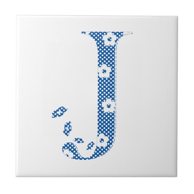 flower alphabet J (blue and dots) Ceramic Tile (Front)