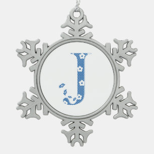 flower alphabet J (blue and dots) Snowflake Pewter Christmas Ornament