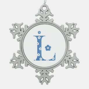flower alphabet L (blue and dots) Snowflake Pewter Christmas Ornament