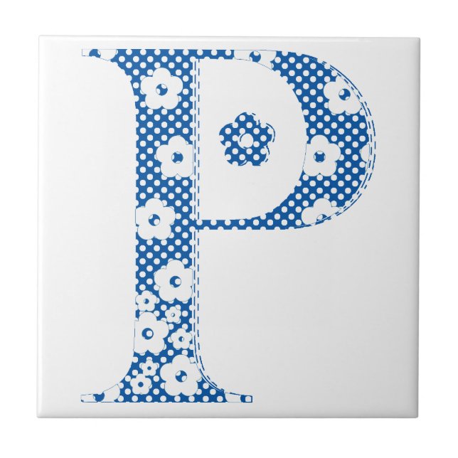 flower alphabet P (blue and dots) Ceramic Tile (Front)