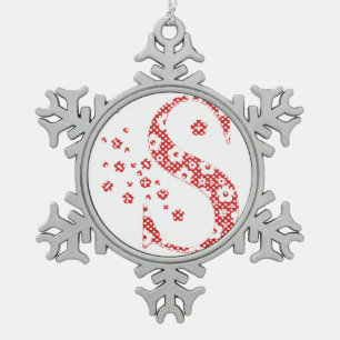 flower alphabet S (red and dots) Snowflake Pewter Christmas Ornament
