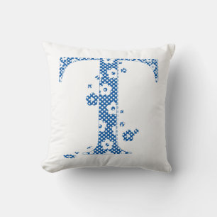 flower alphabet T (blue and dots) Cushion