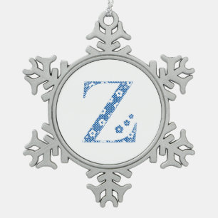 flower alphabet Z (blue and dots) Snowflake Pewter Christmas Ornament