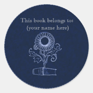 Flower and a book, blue classic round sticker