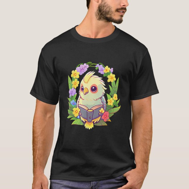 Flower And Book  Bookworm Cute Cockatiel Reading B T-Shirt (Front)