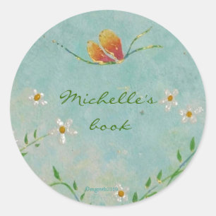 flower and butterfly bookplate classic round sticker