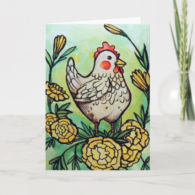 Flower and Chicken Illustration Chickens           Card (Front)