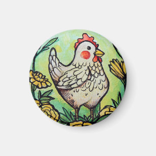 Flower and Chicken Illustration Chickens Magnet