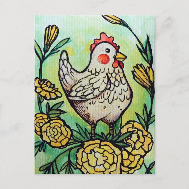 Flower and Chicken Illustration Chickens           Postcard (Front)