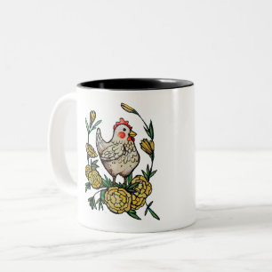 Flower and Chicken Illustration Chickens Two-Tone Coffee Mug
