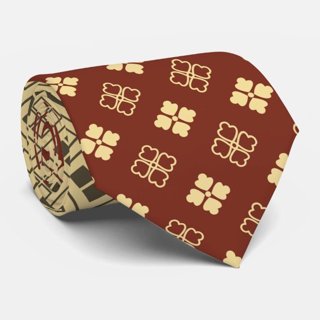 Flower and Diamond Pattern Gold Red Tie (Rolled)