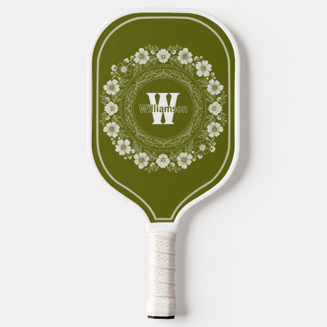 Flower and filigree Light Olive Monogramed Pickleball Paddle (Back)