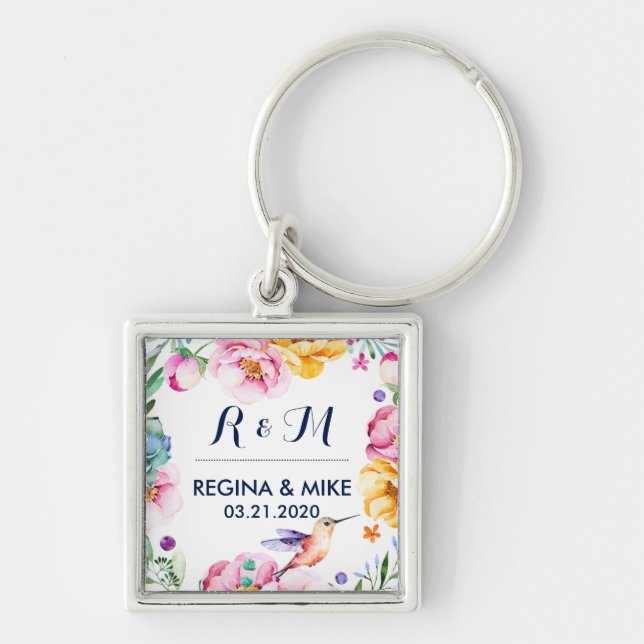 Flower and Floral Wreath Spring Wedding Monogram Key Ring (Front)