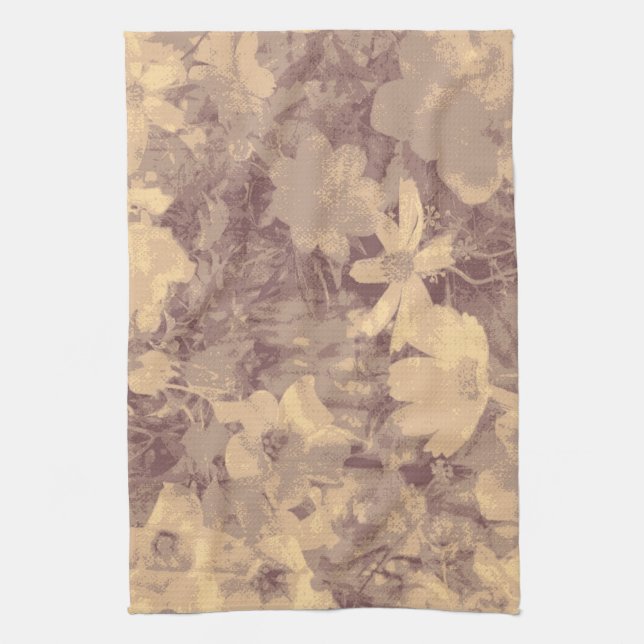 Flower and leaf camouflage pattern on beige tea towel (Vertical)