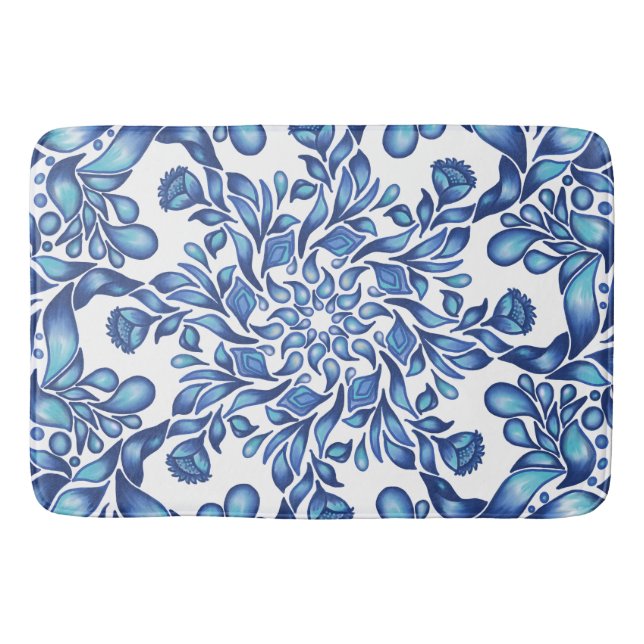 Flower and leaf mandala in blues  bath mat (Front)