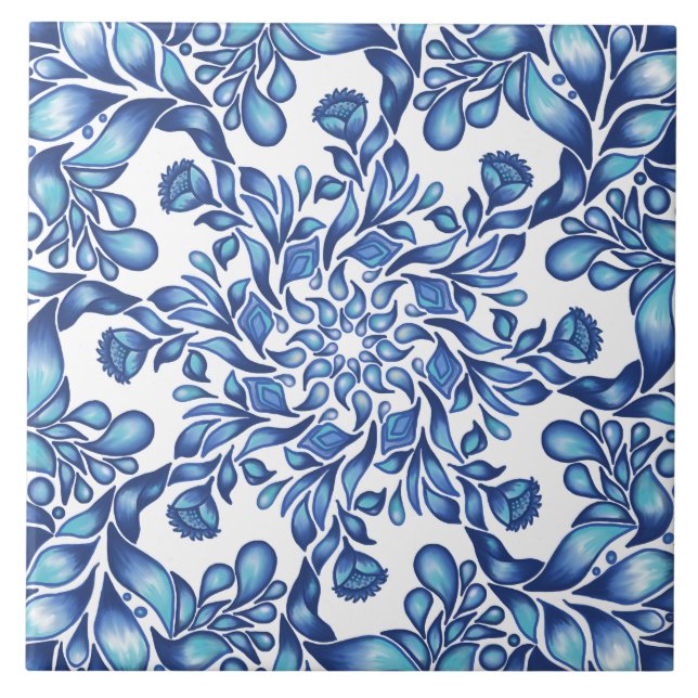 Flower and leaf mandala in blues ceramic tile (Front)