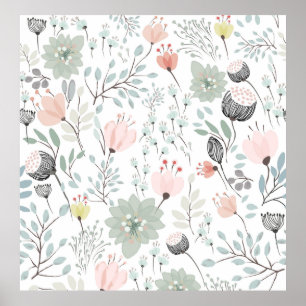 Flower and leaf pattern in tropical green and pink poster