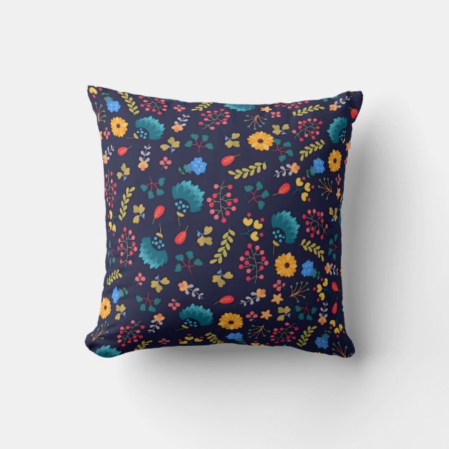 Flower and Leaf Print black Throw pillow  (Front)