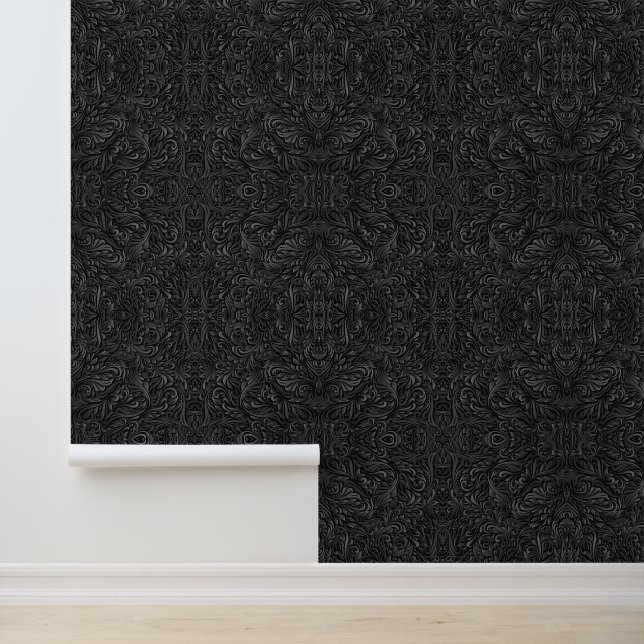 Flower and Leaves Art Wood Carving Ornaments Black Wallpaper (Application)