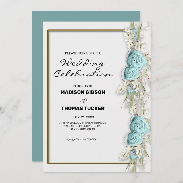 Flower Arrangement Blue Roses Wedding Invitation (Front/Back)