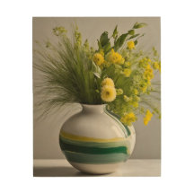 Flower arrangement with white vase. Wood wall art