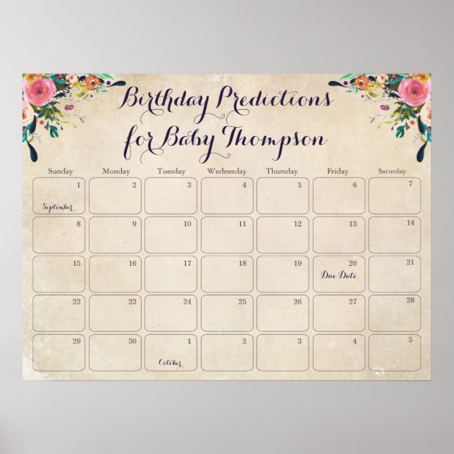Flower Baby Shower Birthday Prediction Calendar Poster (Front)