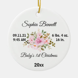 Flower Baby's First Christmas & Custom Birth Stats Ceramic Ornament
