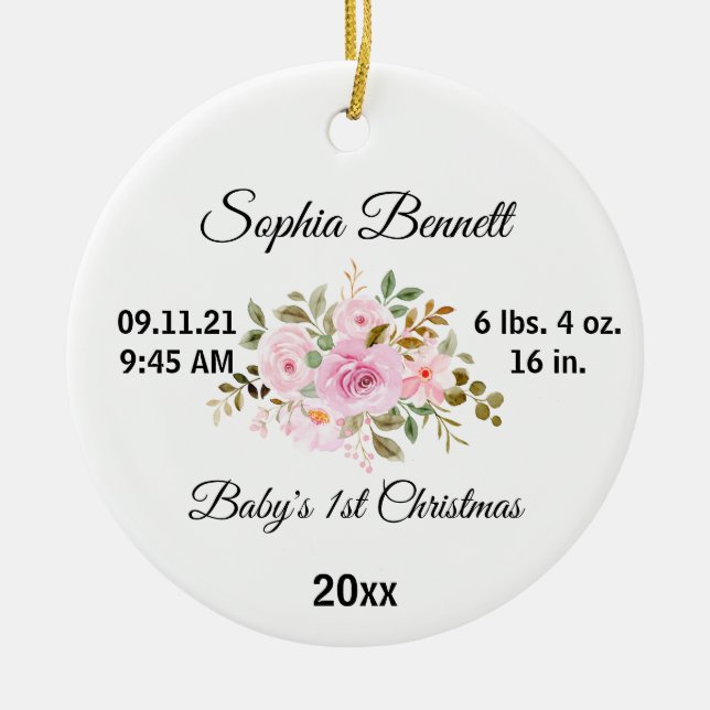Flower Baby's First Christmas & Custom Birth Stats Ceramic Ornament (Front)