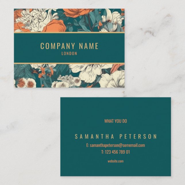 Flower background, gold border business card (Front/Back)