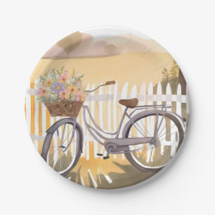 Flower Basket Bike Floral Watercolor Paper Plate
