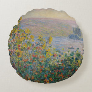 Flower Beds at Vétheuil, Impressionist Landscape Round Cushion