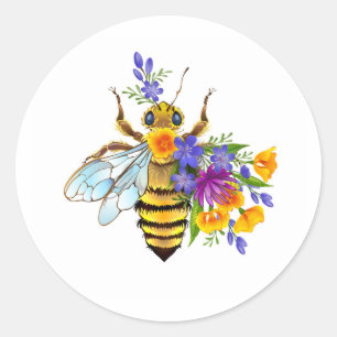 Flower bee with wild plants classic round sticker