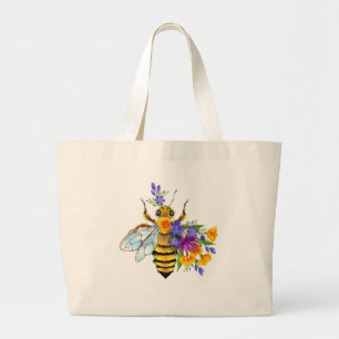 Flower bee with wild plants large tote bag