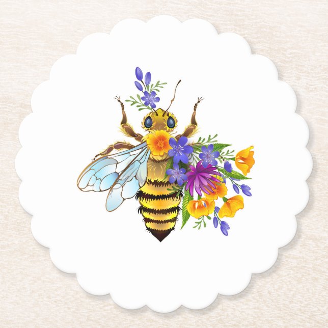 Flower bee with wild plants paper coaster (Front)