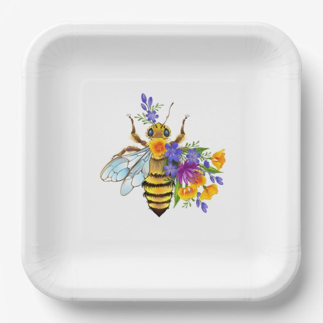 Flower bee with wild plants paper plate (Front)