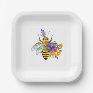 Flower bee with wild plants paper plate